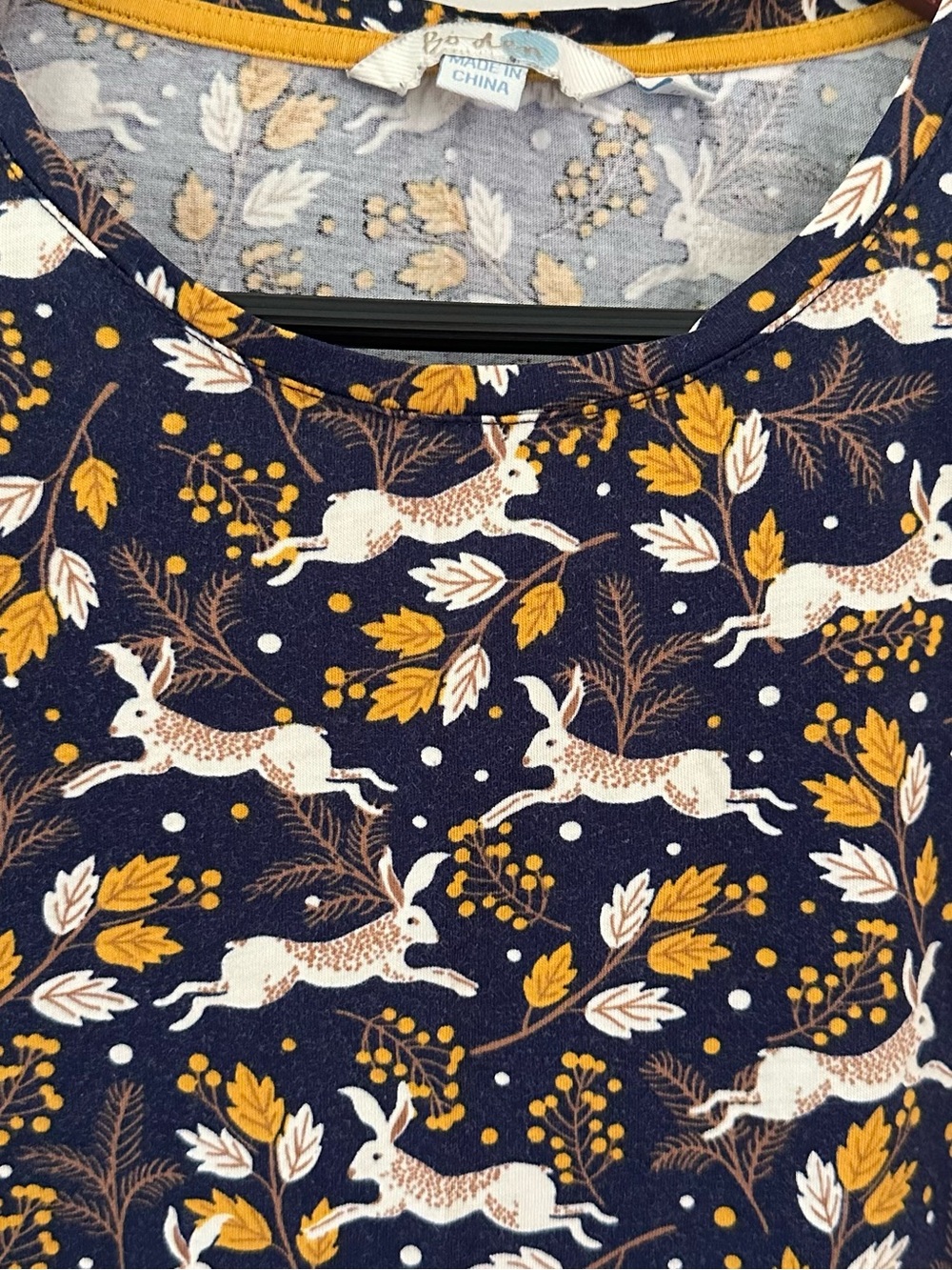 Boden Navy Long-Sleeve Top with White Woodland Rabbit Fall Leaves Print Cotton